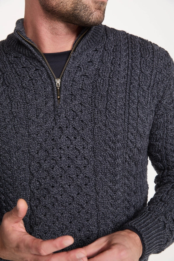 Merino Aran Half Zip Sweater – 100% Merino Wool, Irish Cable Knit