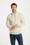 Merino Aran Half Zip Sweater – 100% Merino Wool, Irish Cable Knit