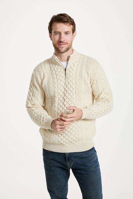 Merino Aran Half Zip Sweater – 100% Merino Wool, Irish Cable Knit