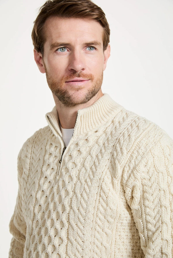 Merino Aran Half Zip Sweater – 100% Merino Wool, Irish Cable Knit