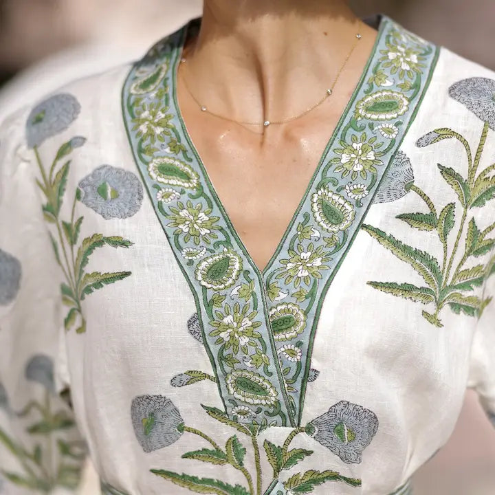 Mykonos Indigo Flower Dress—100% European linen with pockets