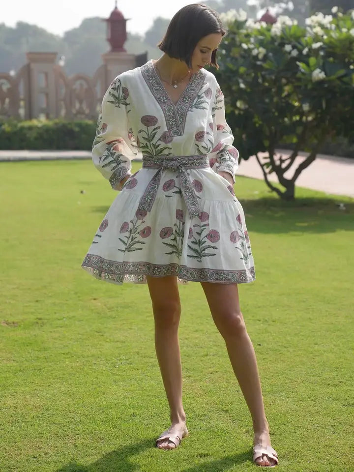 Mykonos Indigo Flower Dress—100% European linen with pockets