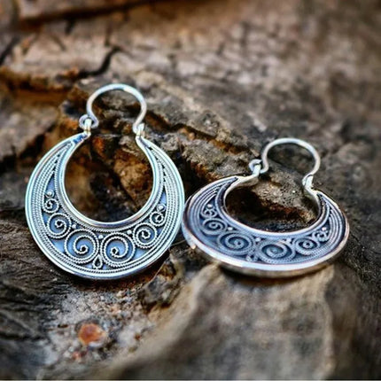 Antiqued Silver Filigree Crescent Hoop Earrings | Boho Jewelry