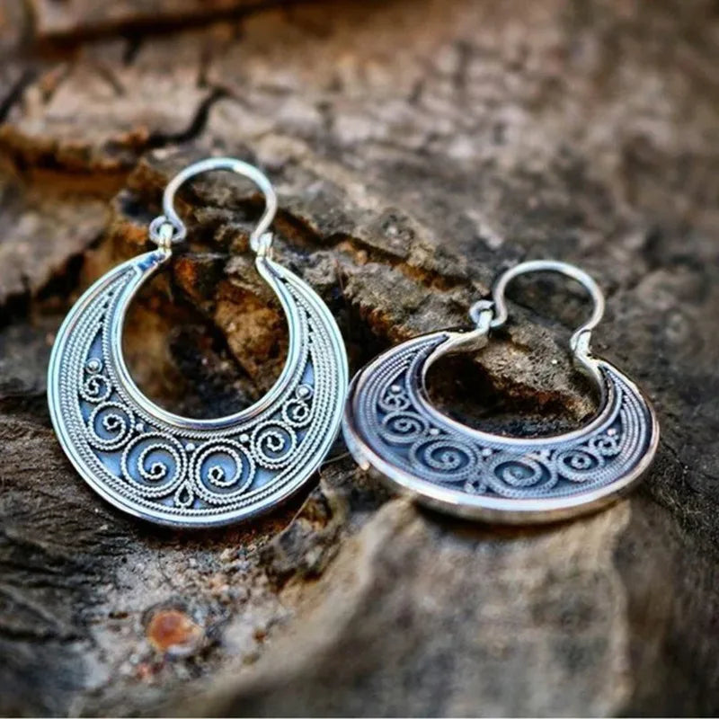 Antiqued Silver Filigree Crescent Hoop Earrings | Boho Jewelry