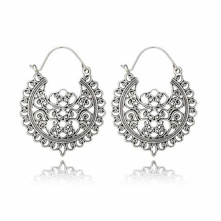 Antique Gold Ornate Filigree Crescent Boho Hoop Earrings Stainless Steel | Antique Gold or Silver