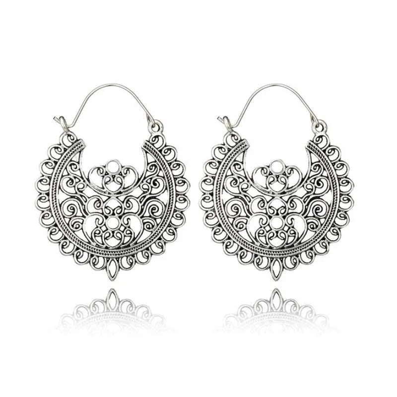 Antique Gold Ornate Filigree Crescent Boho Hoop Earrings Stainless Steel | Antique Gold or Silver