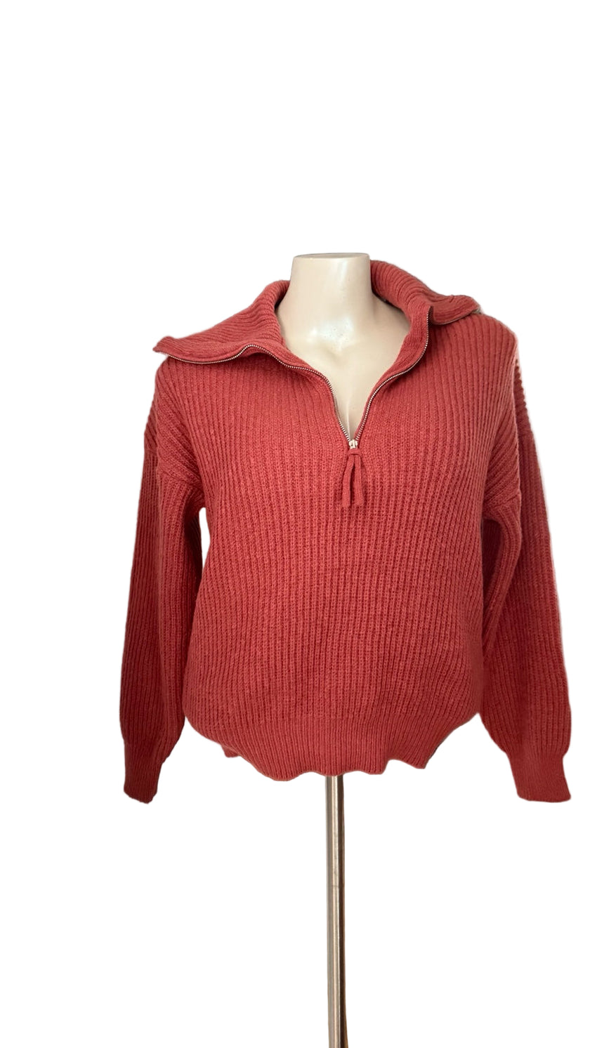 Half Zip Ribbed Sweater for Women – Cozy Cotton Blend Balloon Sleeve Knit
