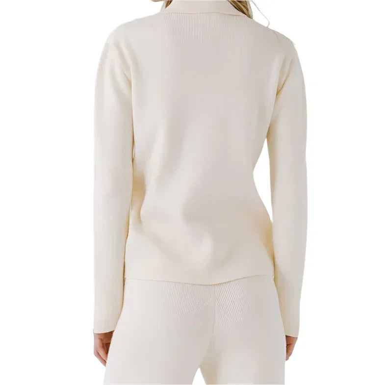 ENGLISH FACTORY Aspen Ivory Polo Collar Knit Cashmere Feel Knit Pant Set