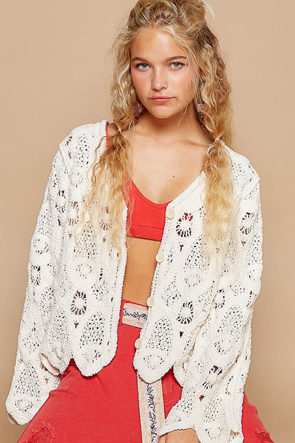 POL Cotton Crochet Boho Button-Down Cardigan