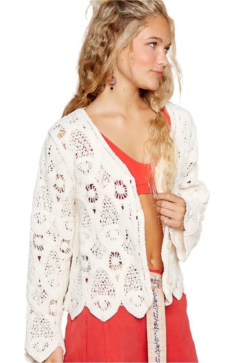 POL Cotton Crochet Boho Button-Down Cardigan - Cape Cod Fashionista