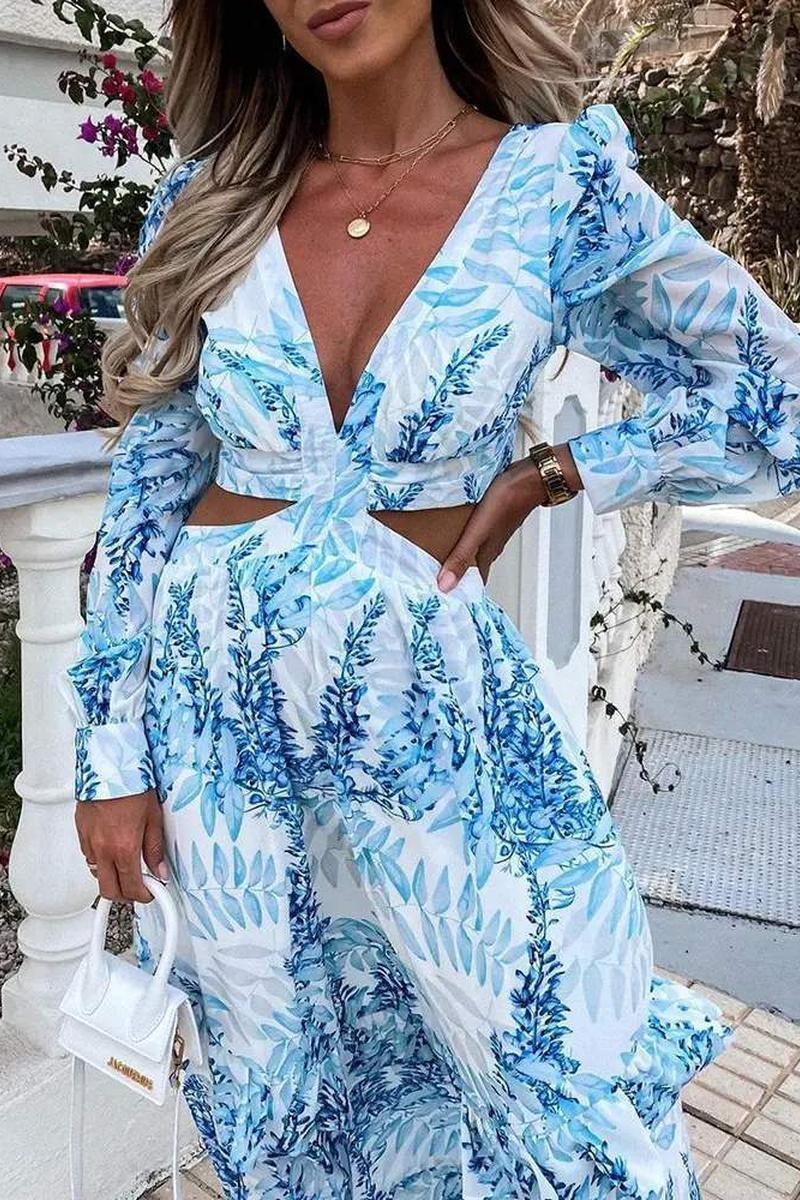 Sky Blue Vacation Lantern Cutout Maxi Dress