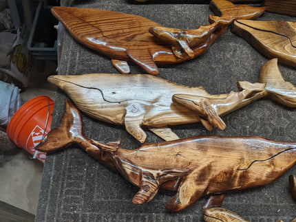 Cape Cod Hand-Carved Humpback Whale Mother & Calf Wood Sculpture – Coastal Beach House Wall Art by D.Q.R.