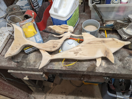 Cape Cod hand-carved Humpback Whale Mother & Calf sculpture by local artist D.Q.R.