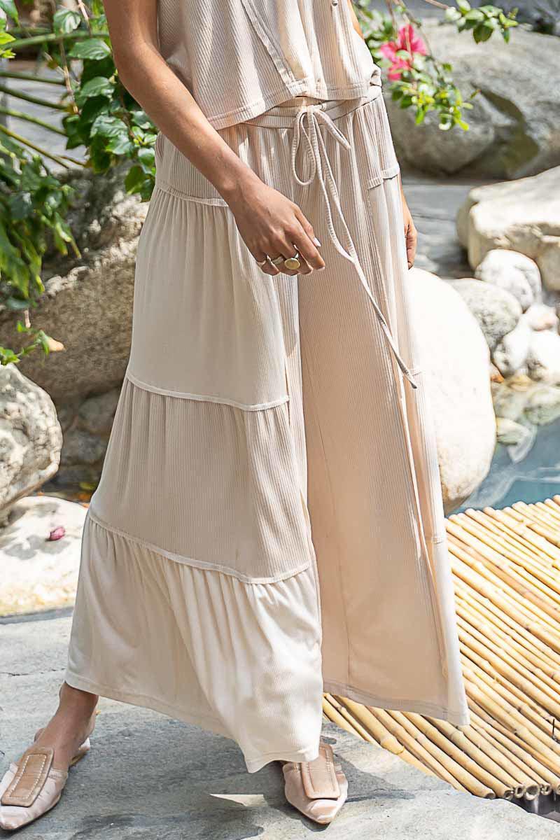 Pol Wide Leg Bohemian Ribbed Knit Pants in Black or Beige