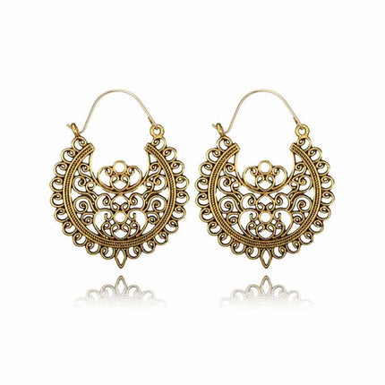 Antique Gold Ornate Filigree Crescent Boho Hoop Earrings Stainless Steel | Antique Gold or Silver