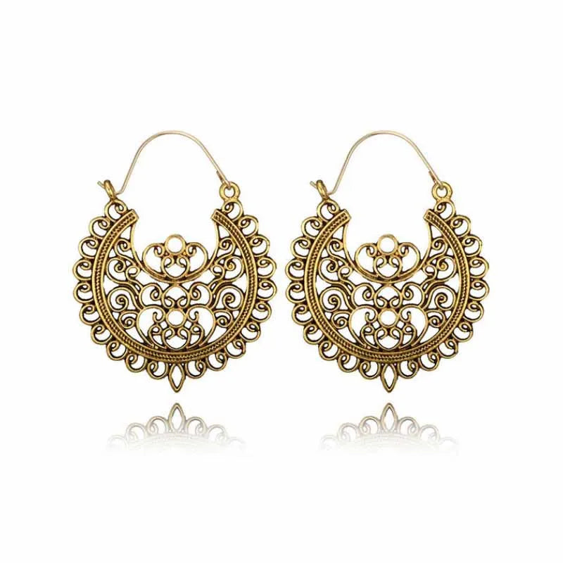 Antique Gold Ornate Filigree Crescent Boho Hoop Earrings Stainless Steel | Antique Gold or Silver