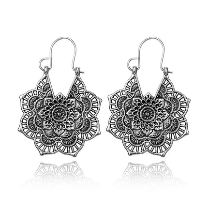 Indian-Inspired Mandala Floral Drop Earrings | Boho Silver