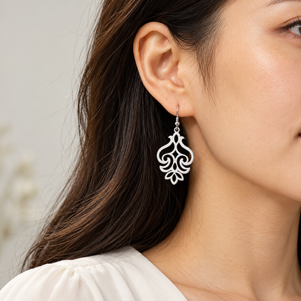 Silver Tone Floral Filigree Drop Earrings Titanium Steel Retro Boho Women