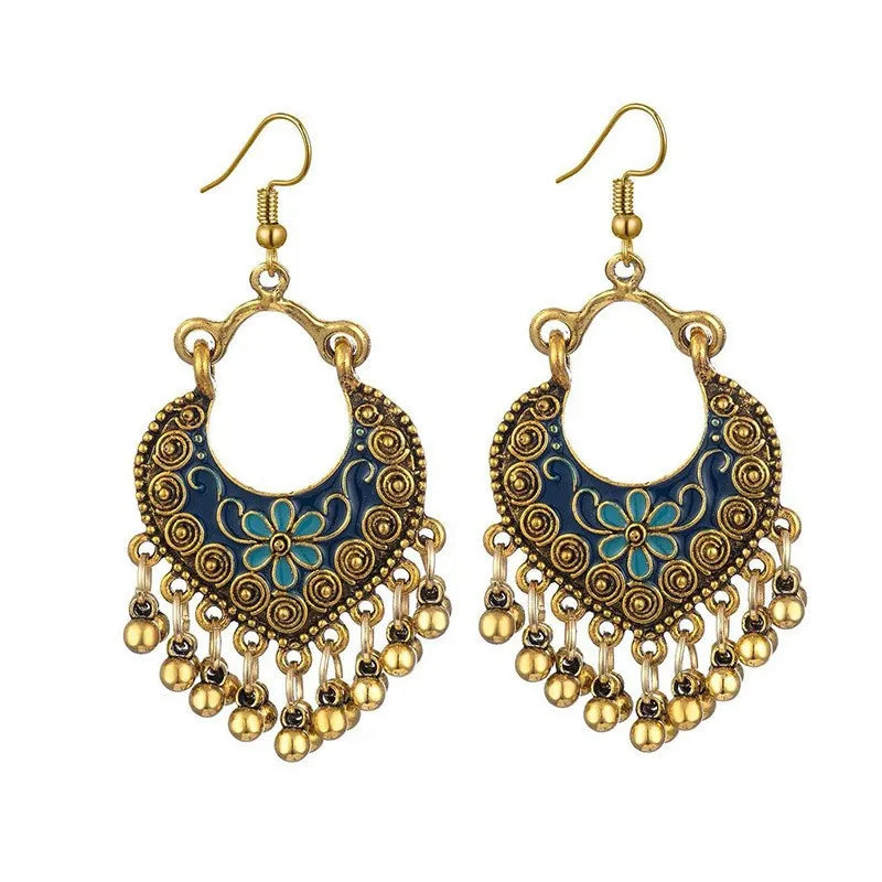 Indian-Inspired Boho Chandbali Floral Bell Tassel Earrings | Gold & Silver