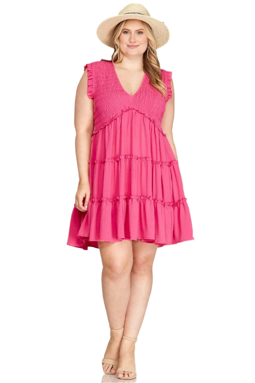 CURVY GIRL BARBIE Pink RUFFLED SLEEVE WOVEN SMOCKED DRESS WITH TIERED SKIRT