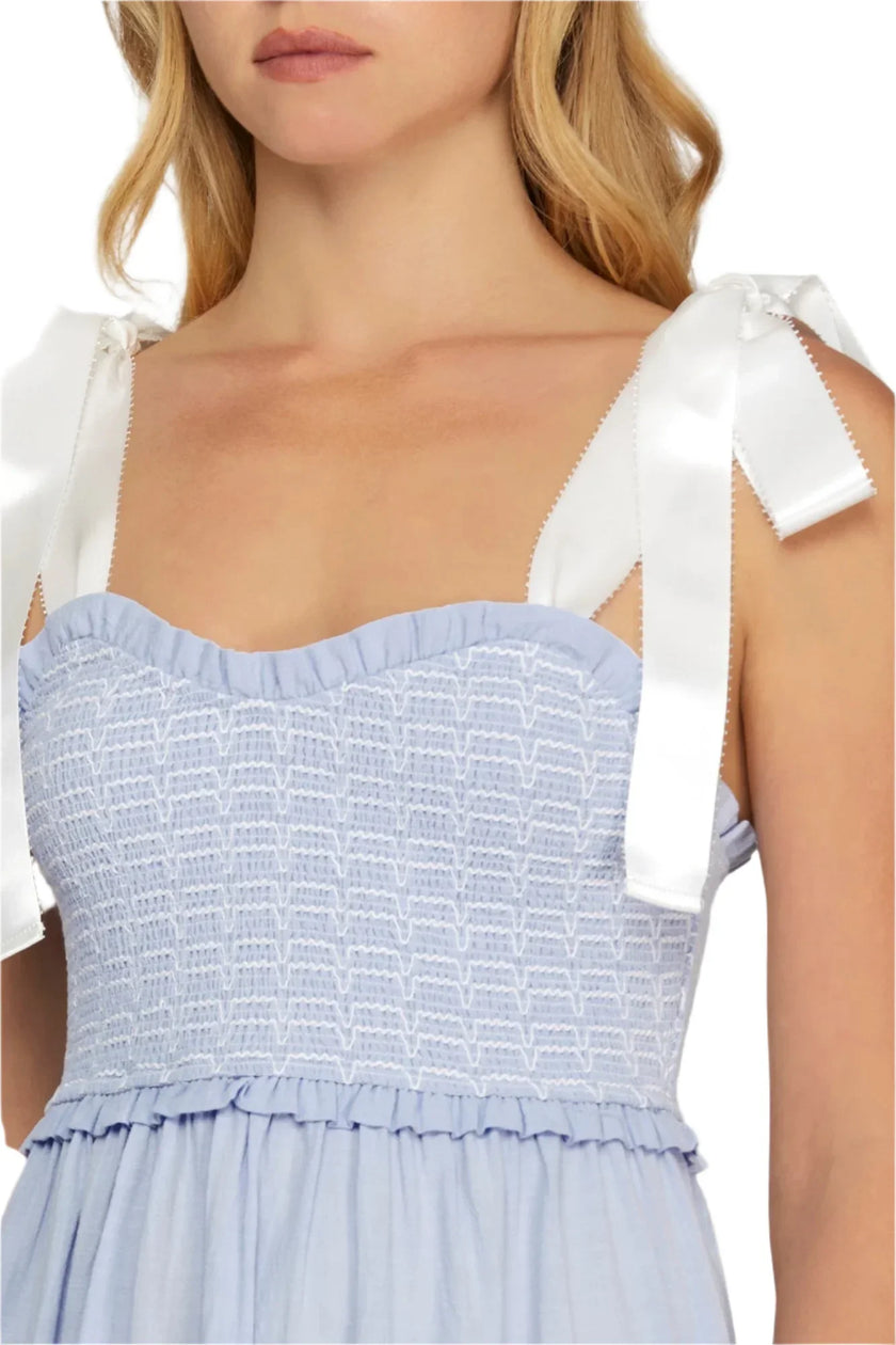 SHOULDER SATIN TIE CONTRAST SMOCKING TIERED WOVEN MAXI DRESS