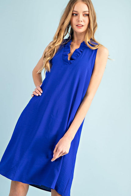 Women's solid woven ruffle neck dress - Cape Cod Fashionista