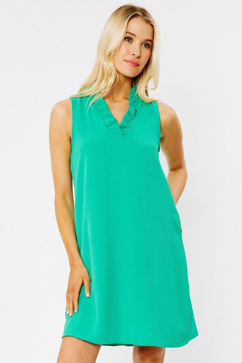 Women's solid woven ruffle neck dress - Cape Cod Fashionista