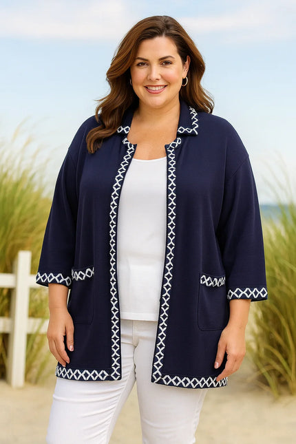 ST JOHN  Navy Knit Cardigan with White Piping - Size Medium NWT