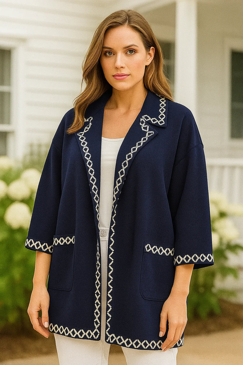 ST JOHN  Navy Knit Cardigan with White Piping - Size Medium NWT