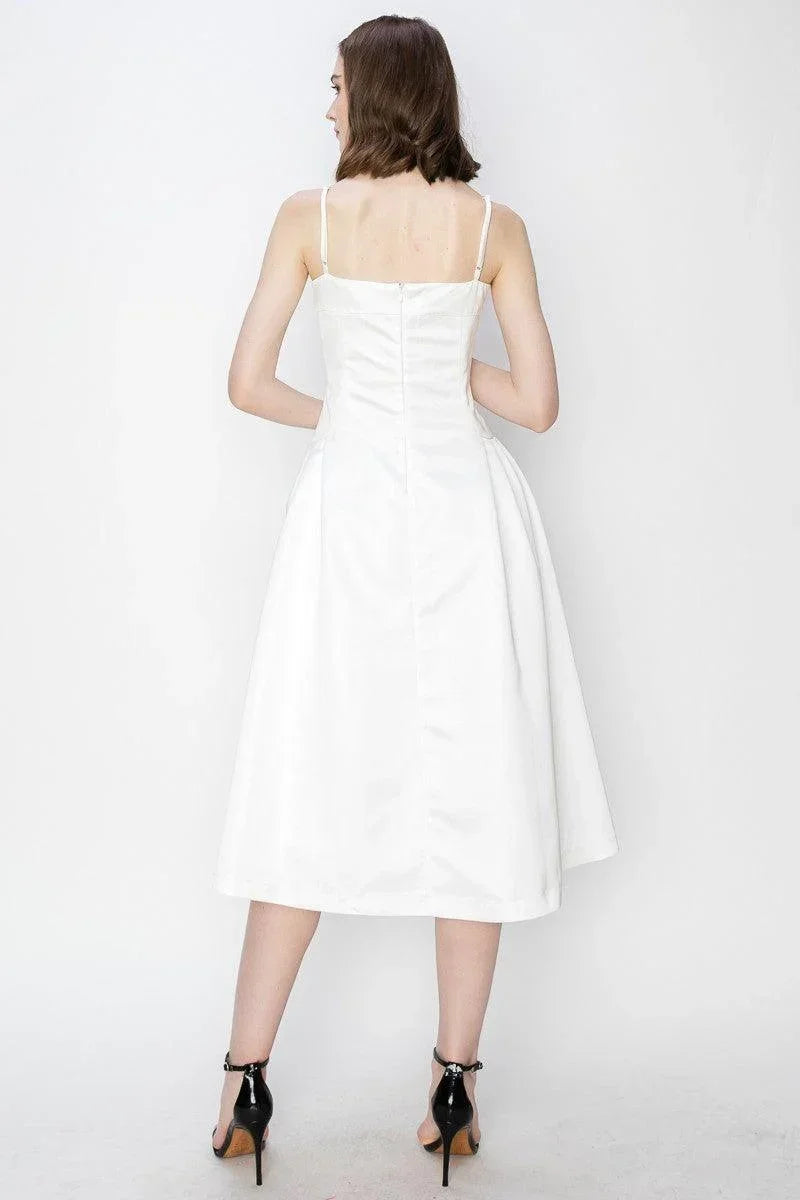 Skye's Satin Sleeveless Pleated Pocket Design Midi Dress