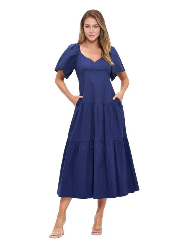 Sonne Scoop Neck Cotton Tiered  Midi Dress