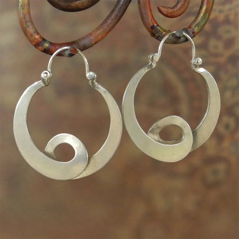 Silver Spiral Crescent Hoop Earrings | Boho Geometric Statement Jewelry