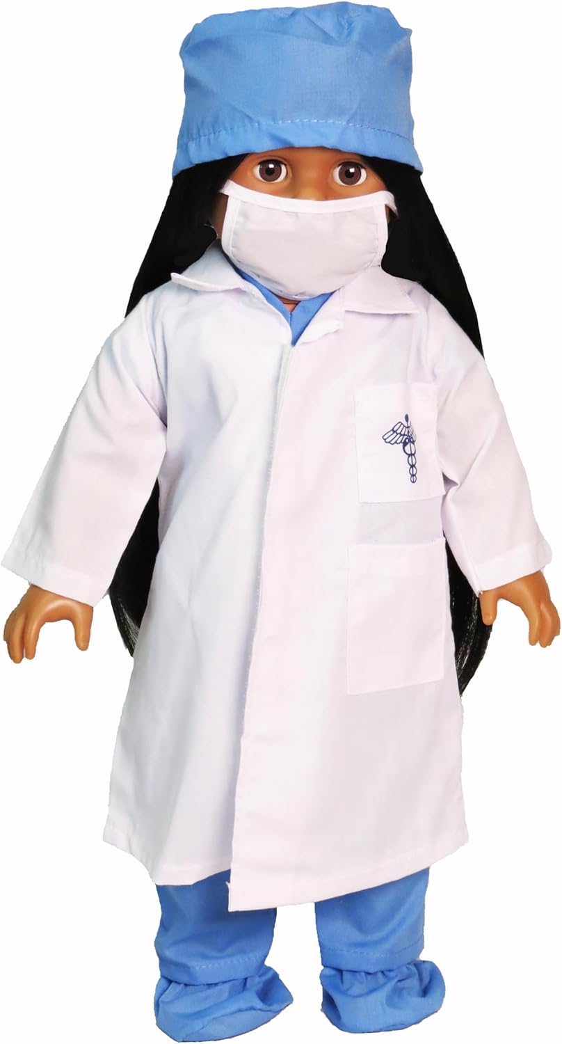 18 Inch Doll Doctor Outfit | Blue Scrubs & White Lab Coat 6-Piece Set Fits 18 Inch American Girl Dolls