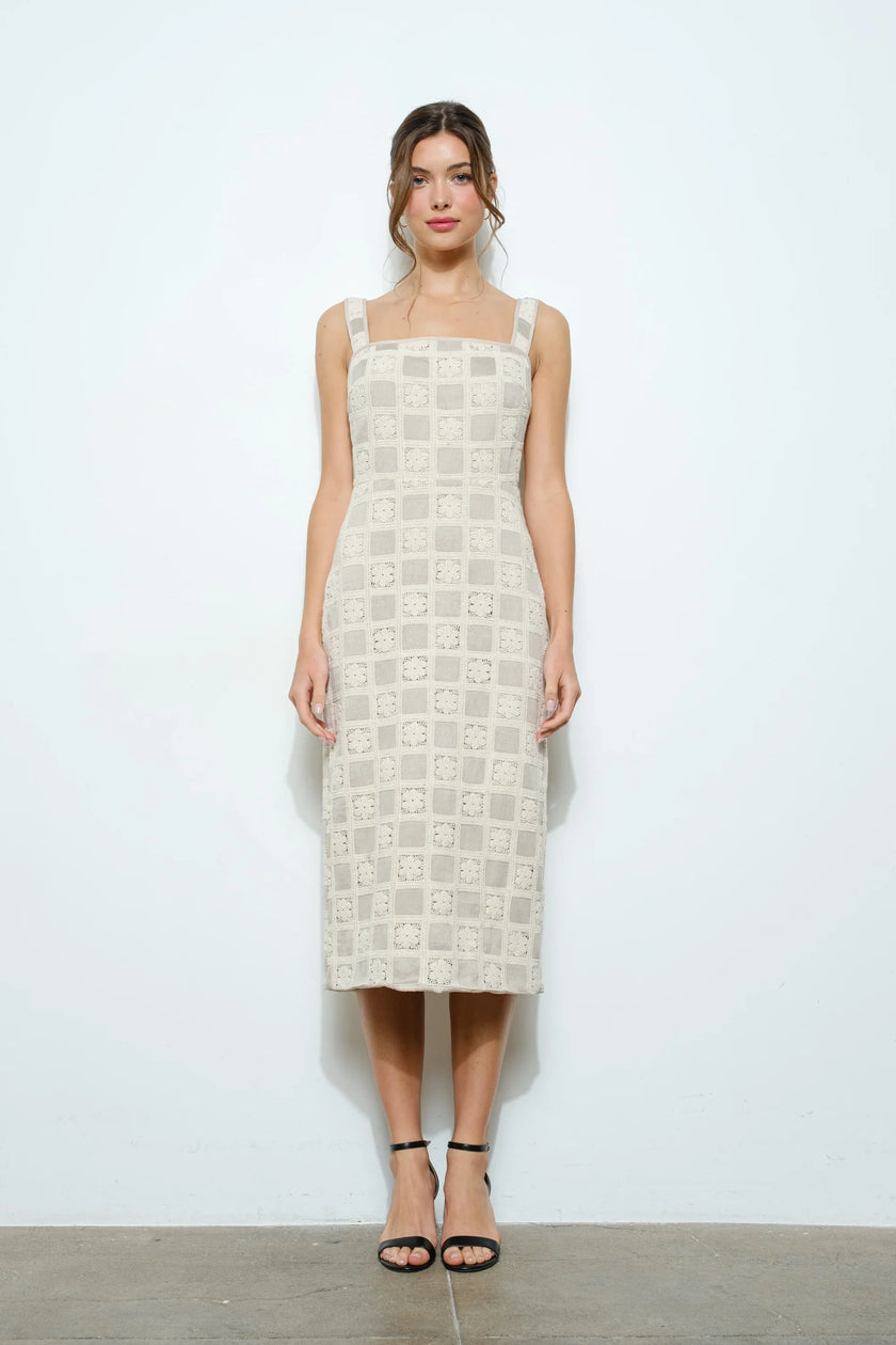 Anna Sleeveless Square Lace Panel Midi Dress