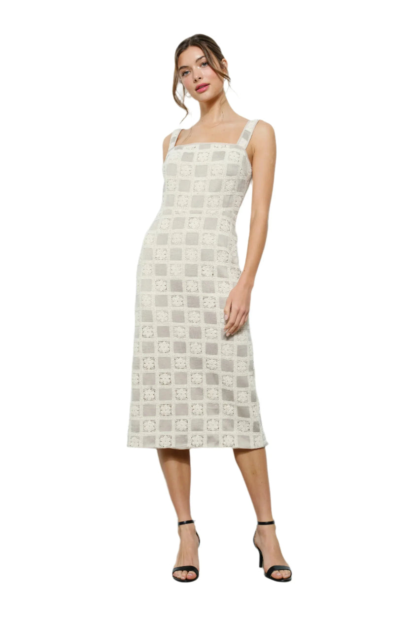 Anna Sleeveless Square Lace Panel Midi Dress