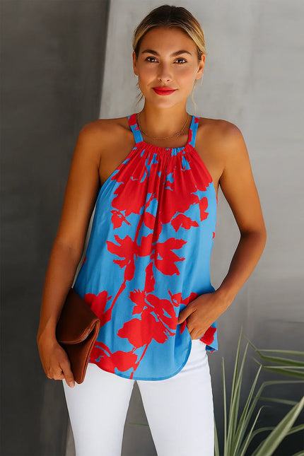 Tropical Bloom Halter Top – Red & Blue Floral Print