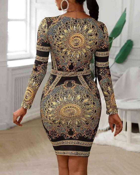 Retro Print Twisted Deep-V Midi Bodycon Dress