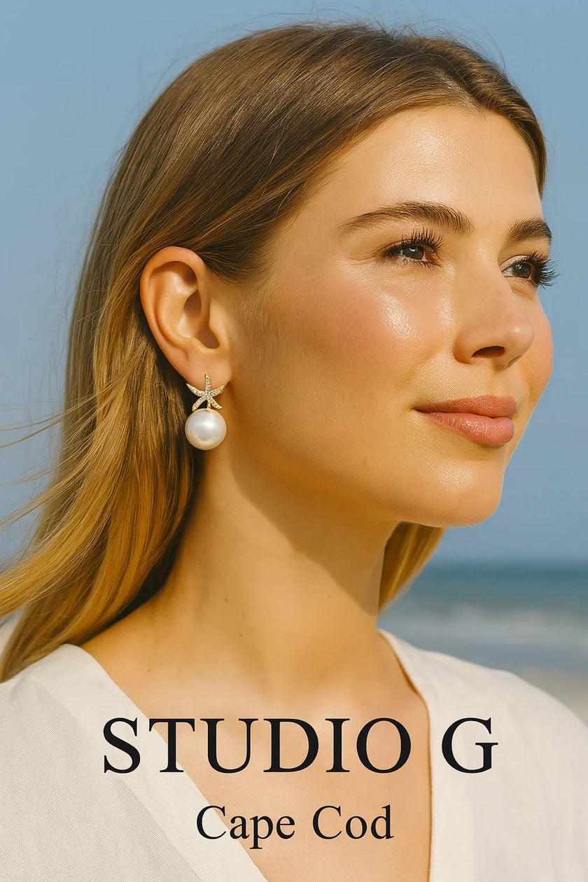 STUDIO G Shell Pearl & CZ Starfish Earrings – Handmade Coastal Jewelry