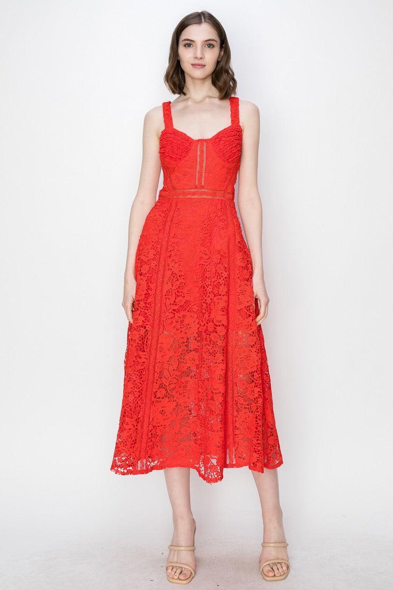 Sky's Sweetheart Neckline Floral Lace Midi Dress