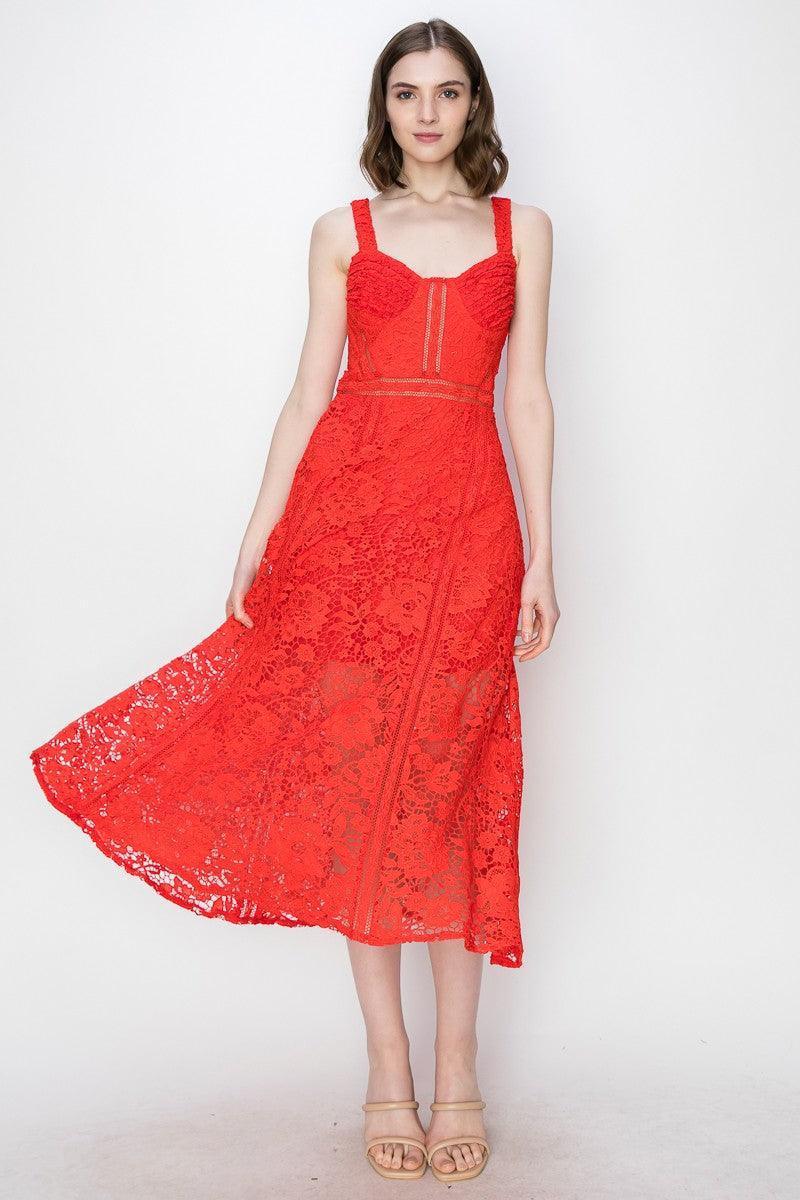 Sky's Sweetheart Neckline Floral Lace Midi Dress MEDIUM / RED Sky's Sweetheart Neckline Floral Lace Midi Dress MEDIUM / RED
