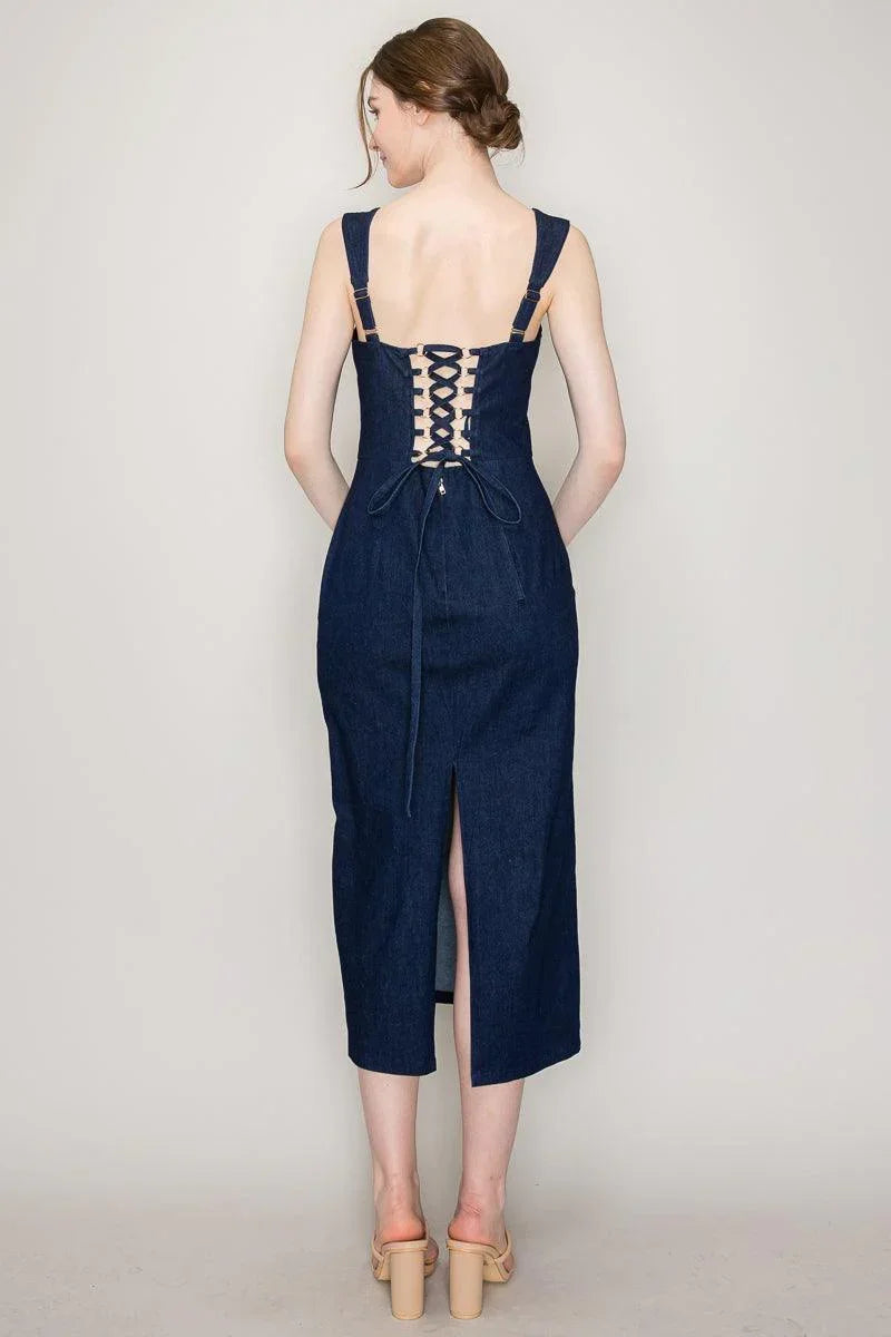 Ina Sweetheart Neckline Sleeveless Denim Midi Dress - Cape Cod Fashionista