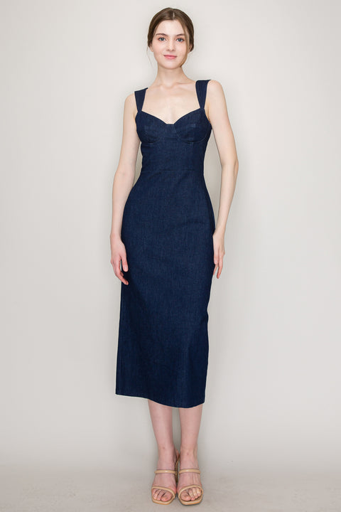 Ina Sweetheart Neckline Sleeveless Denim Midi Dress