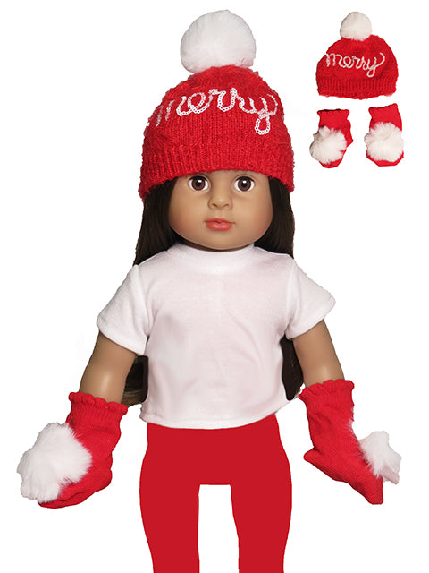18 Inch Doll Christmas Hat Mittens Red Merry Pom Pom Fits American Girl