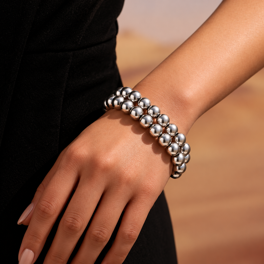 Heart Charm Beaded Bracelet Stainless Steel Silver Gold Plated Waterproof