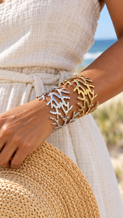 Coral Branch Cuff Bracelet – 18K Gold Plated or Silver Stainless Steel Coastal Jewelry