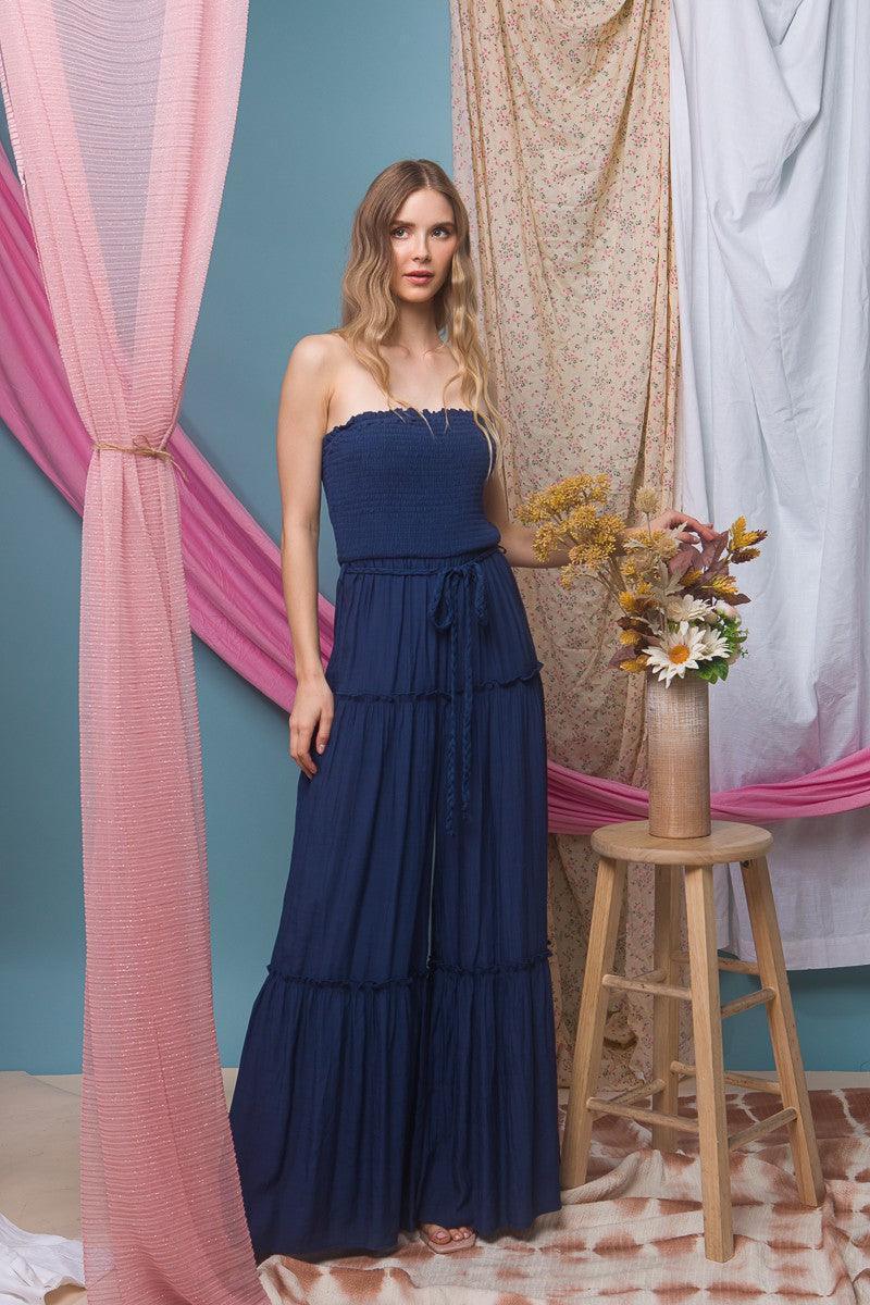 Radiant Allure: Strapless Chic Comfort Tube Tiered Jumpsuit