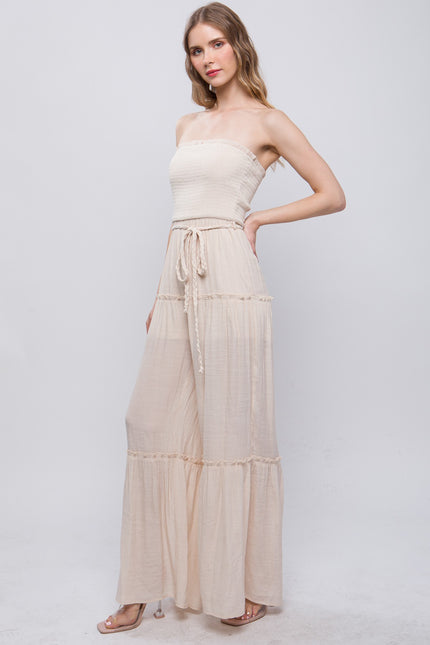 Radiant Allure: Strapless Chic Comfort Tube Tiered Jumpsuit