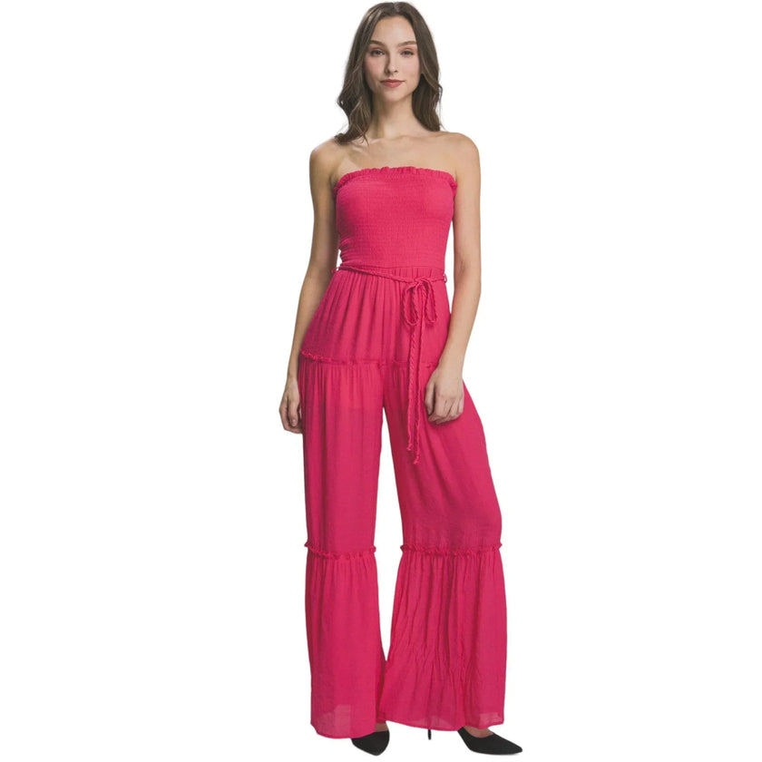 Radiant Allure: Strapless Chic Comfort Tube Tiered Jumpsuit