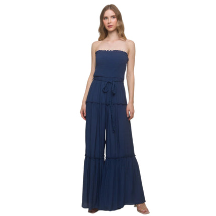 Radiant Allure: Strapless Chic Comfort Tube Tiered Jumpsuit