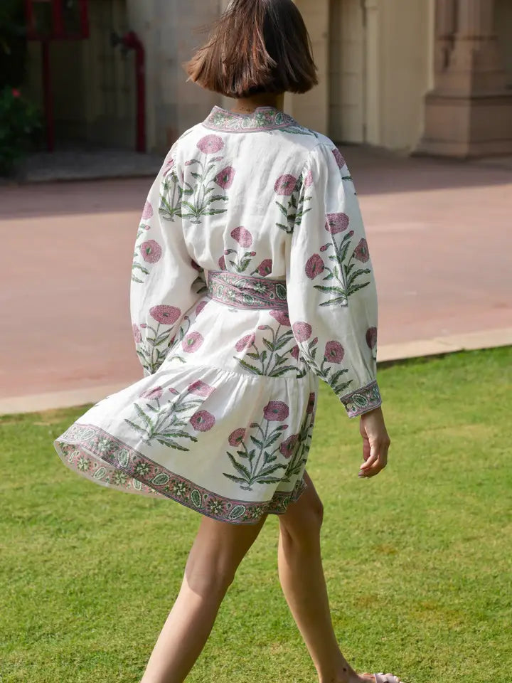 Mykonos Indigo Flower Dress—100% European linen with pockets